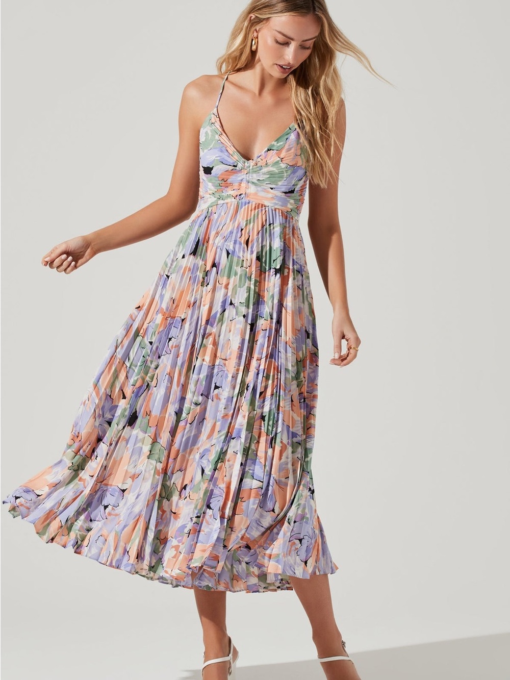 Astr Floral Pleated Midi Dress in Lavender Multi and Peach